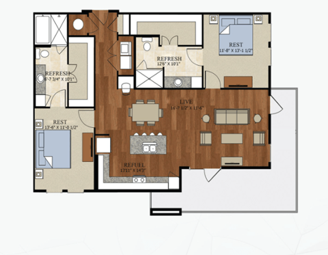 Floor plan for 2 beds, 2 baths, 1284 sqft